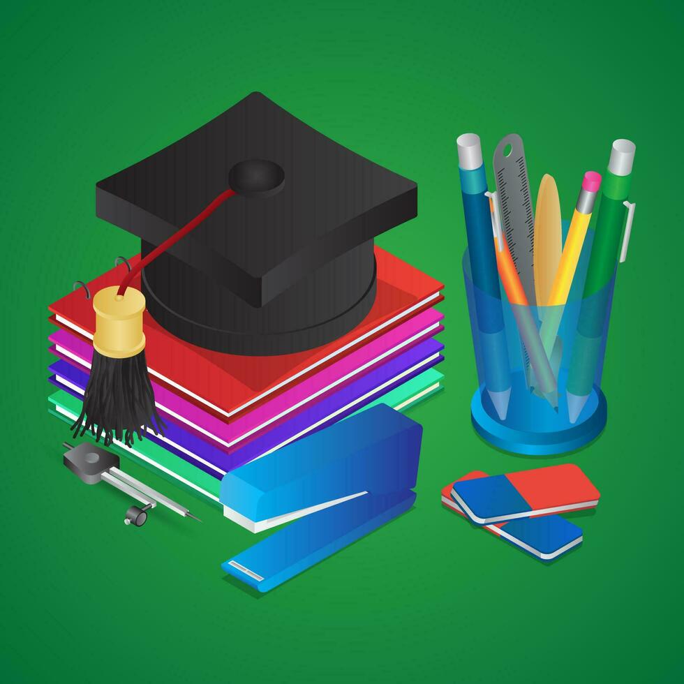 Isometric illustration of education elements like as graduation cap with books, pen holder and stapler on green background. vector