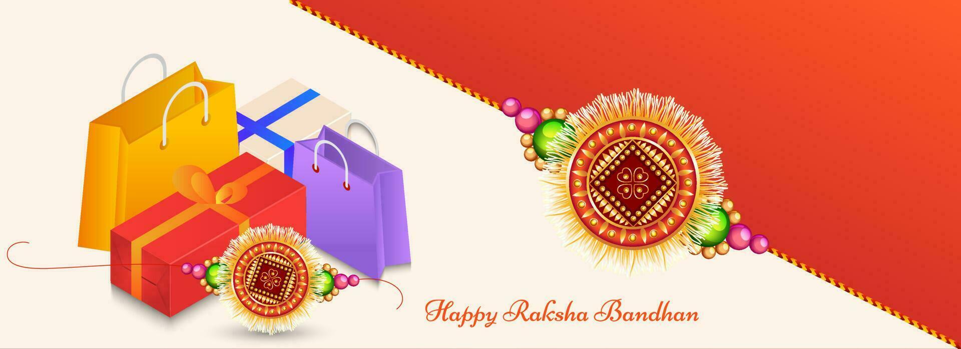 Decorated rakhi with gift boxes and shopping bag for Happy Raksha Bandhan celebration. vector