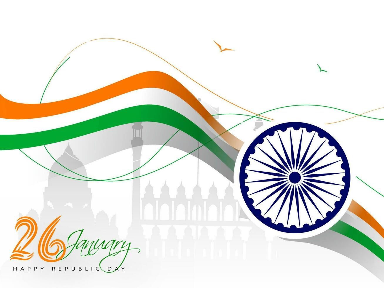 26 January, Republic Day banner or poster design with Ashoka Wheel and wavy tricolor ribbon on Red Fort monument background. vector