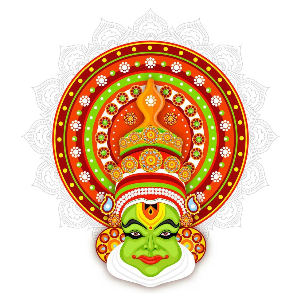 ilustración de Kathakali bailarín cara en mandala modelo antecedentes. vector