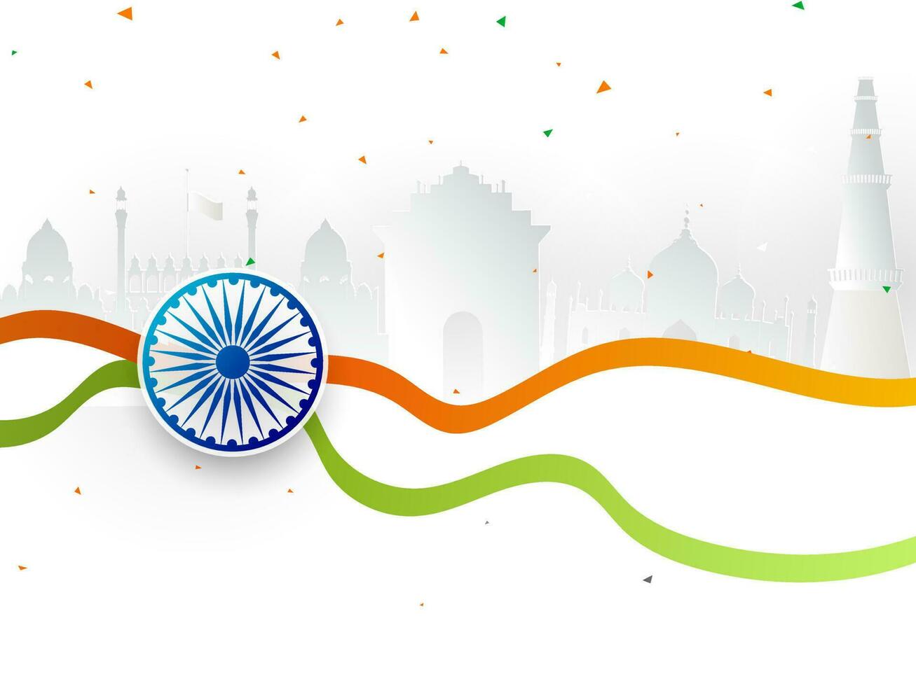 Ashoka Wheel with saffron and green wavy ribbon on Indian famous monuments background for Republic Day celebration. vector