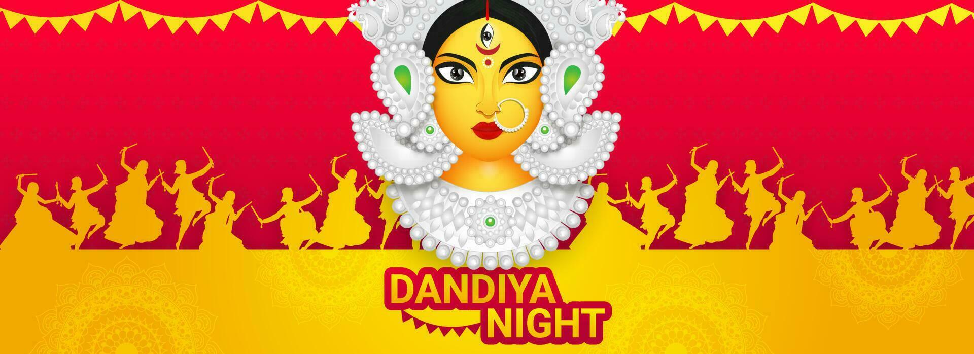 dandiya noche encabezamiento o bandera diseño con ilustración de diosa Durga maa y personas dandiya danza en rojo y amarillo antecedentes. vector