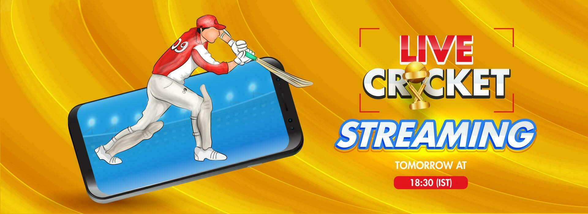 Live Streaming Cricket header or banner design with illustration of batsman playing action yellow wavy abstract background. vector