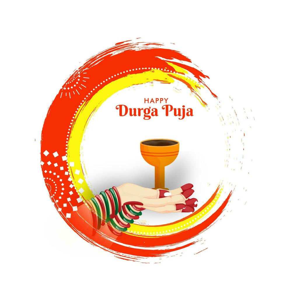 contento Durga puja celebracion saludo tarjeta diseño con hembra mano participación dhunuchi hola y cepillo carrera efecto en blanco antecedentes. vector