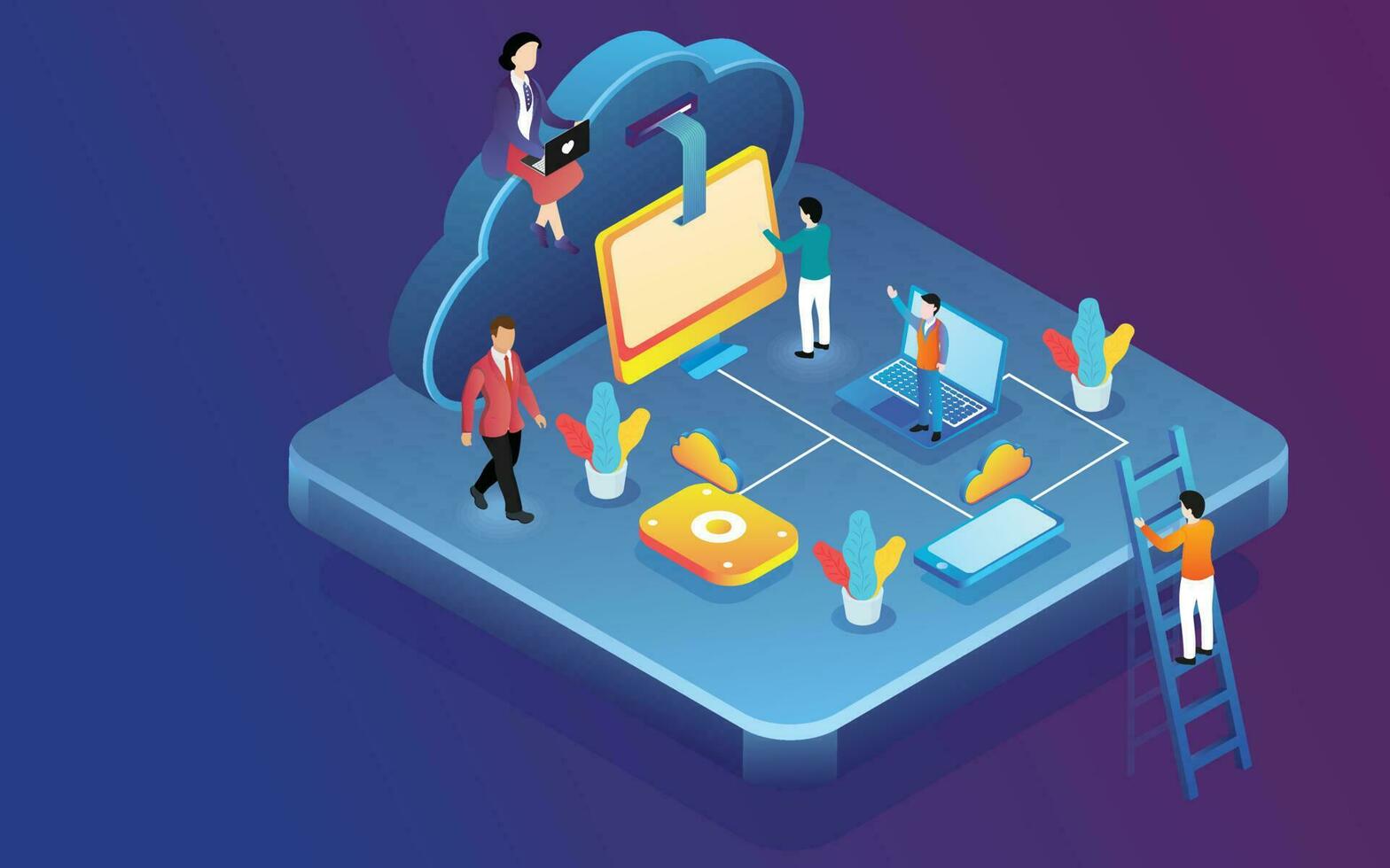 Isometric web server connected with smartphone, miniature people maintain and analysis the data with infographic elements. 3D Landing page design for Data Analysis and Management. vector