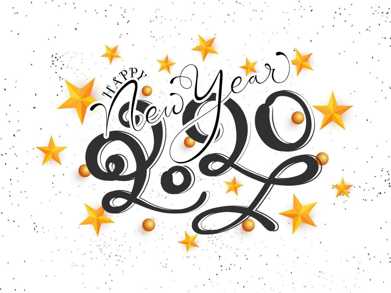 Happy New Year 2020 Text Decorated with 3D Golden Stars, Spheres and Black Confetti on White Background. vector