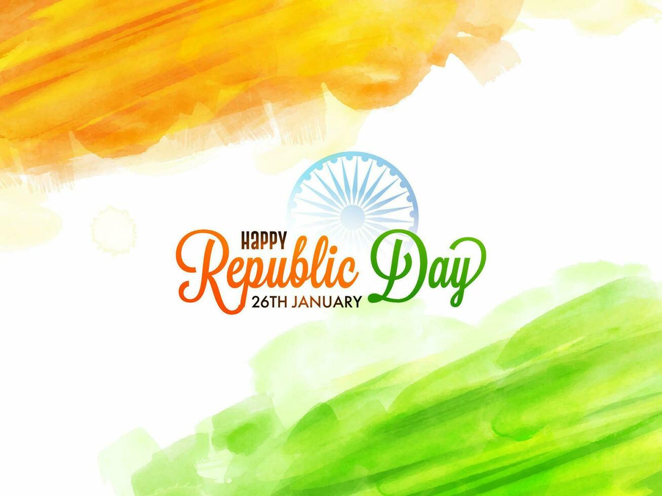 Happy Republic Day, 26th January Text with Ashoka Wheel, Saffron and Green Brush Stroke Effect on White Background. vector