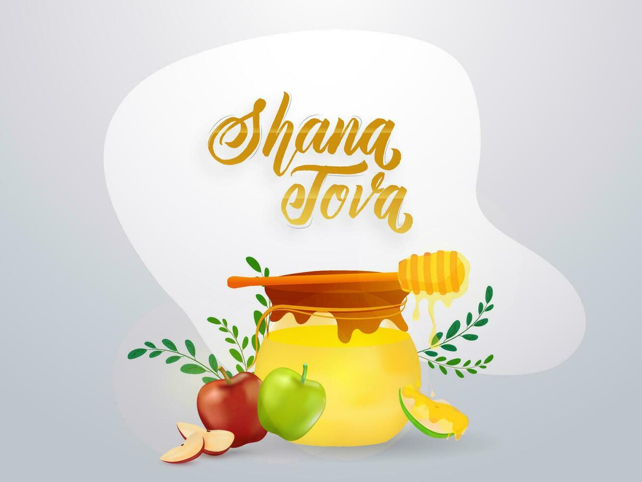 Jewish New Year, Shana Tova Festival card or poster design with illustration of honey jar, dripping stick and apple on grey background. vector