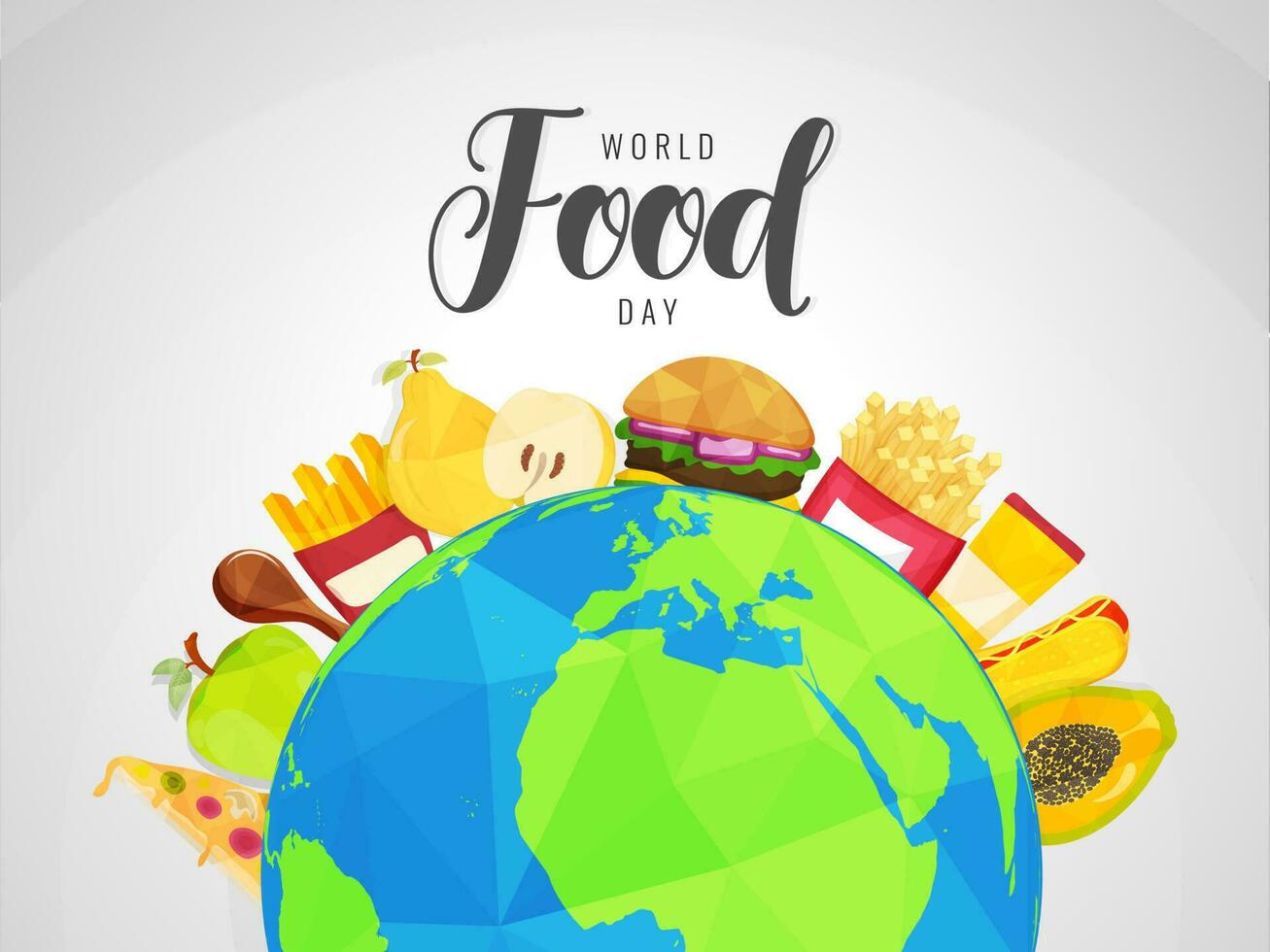 Illustration of earth globe decorated with fruits, fast food and chicken leg on white background for World Food Day concept. vector