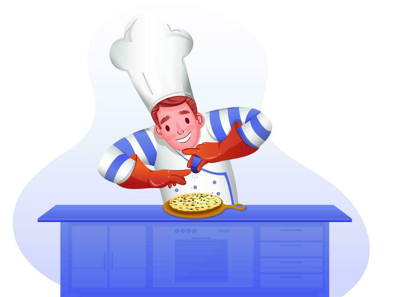 cocinero personaje aspersión en Pizza en cocina mesa. vector