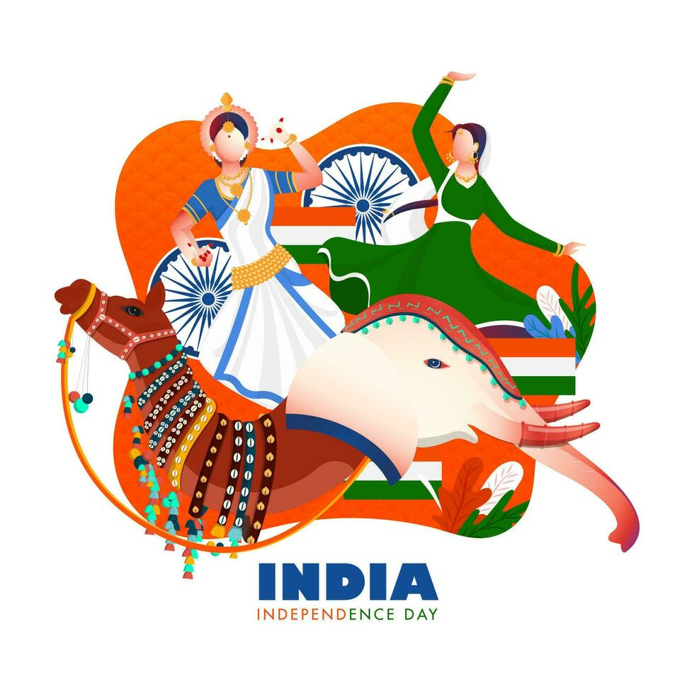 indio mujer en bailando actitud con elefante rostro, camello y ashoka rueda para India independencia día celebracion. lata ser usado como póster o modelo diseño. vector