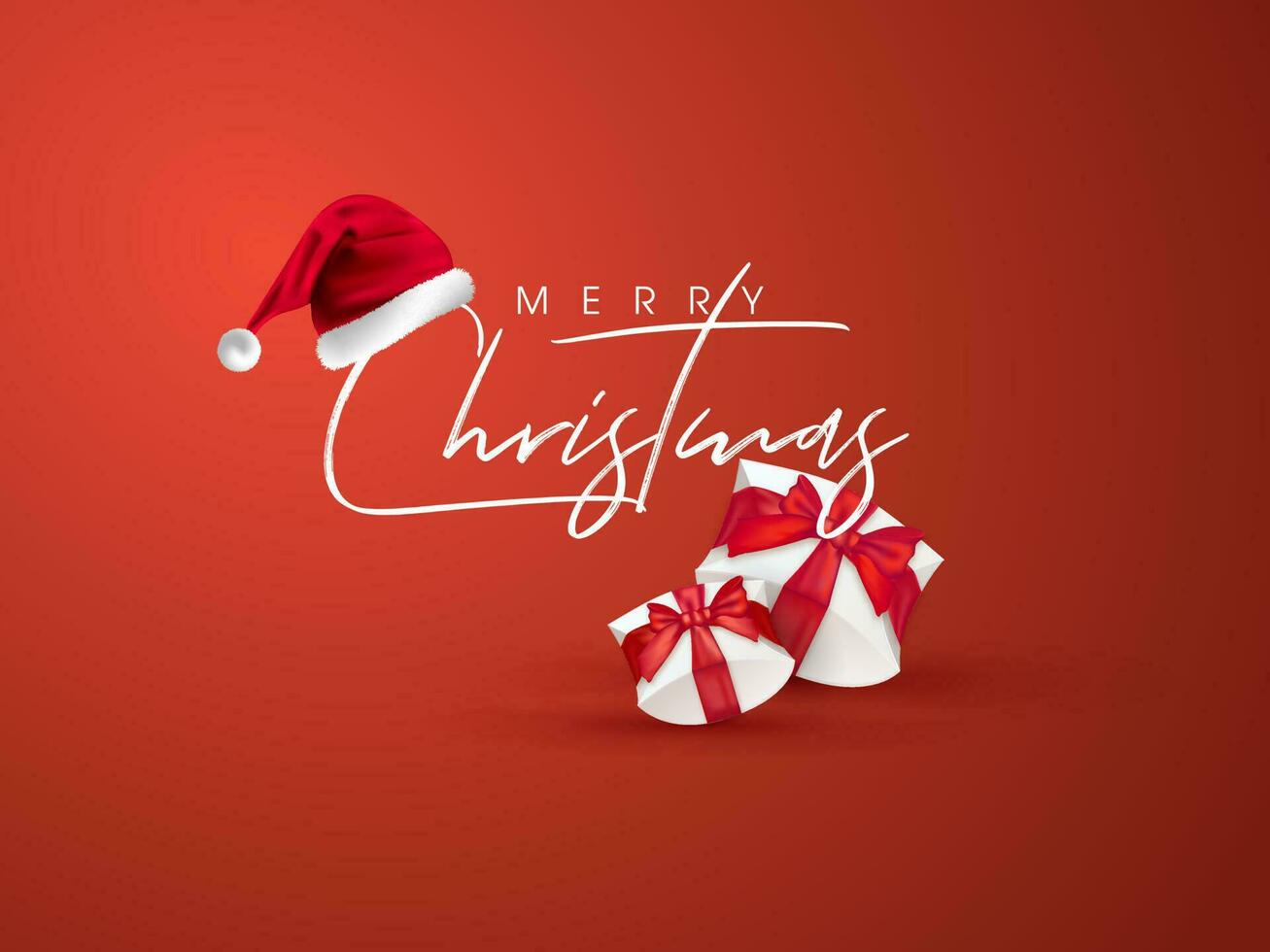 caligrafía texto alegre Navidad con Papa Noel sombrero y regalo cajas en naranja antecedentes lata ser usado como saludo tarjeta diseño. vector