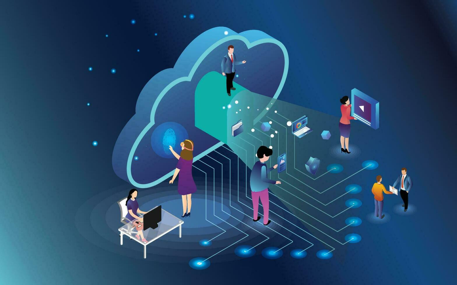 Group of people working on Cloud Storage Data Sharing concept based 3d design. Big data storage or data analysis concept based isometric design. Can be used as web template. vector