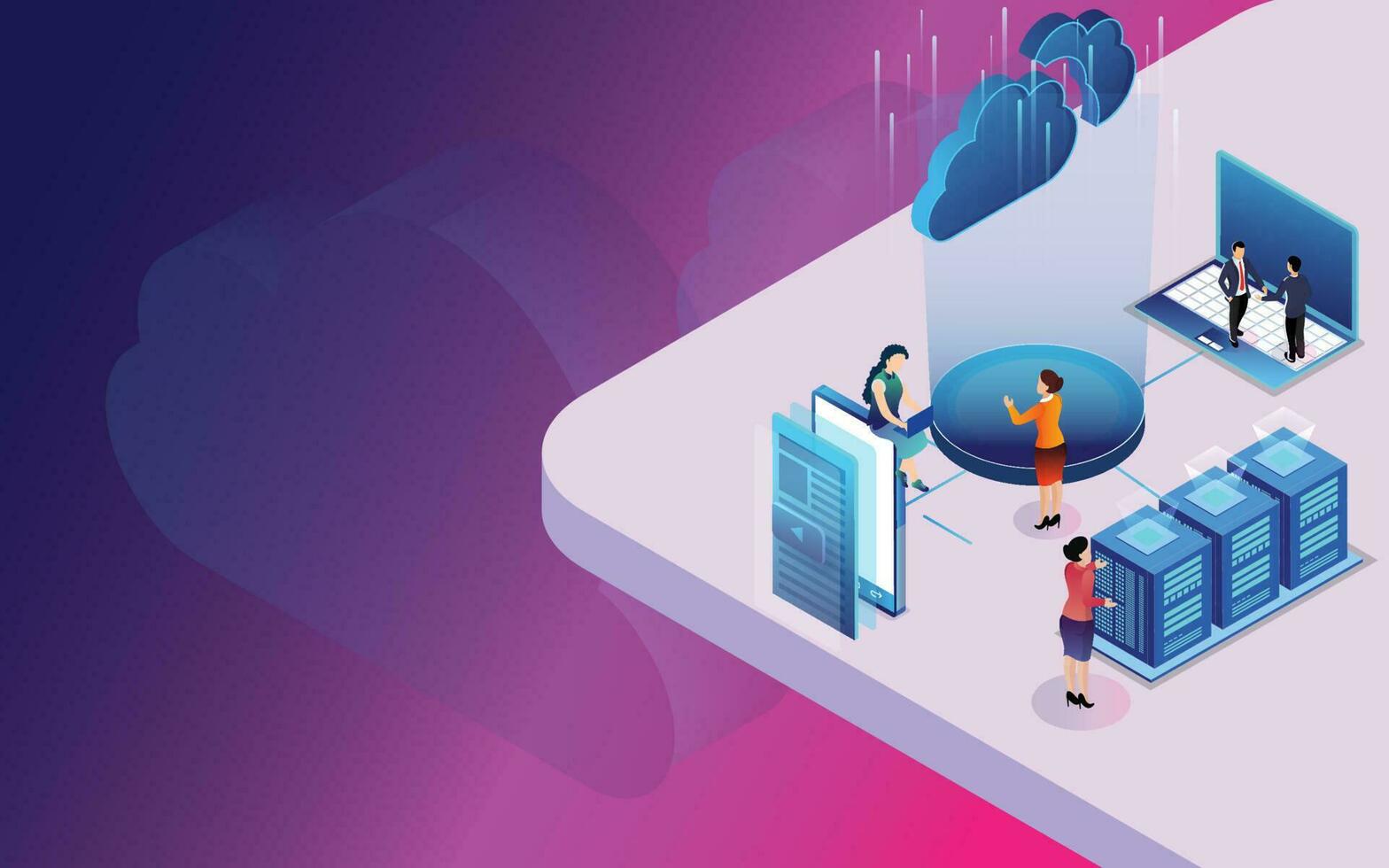 Data center or storage concept based isometric design with local servers connected to cloud servers and laptop on shiny purple background. vector