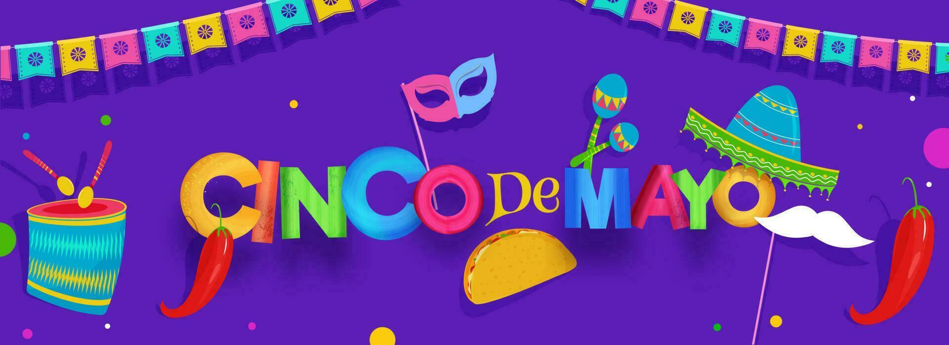 Purple header or banner design decorated with colorful bunting and party elements for Cinco De Mayo celebration. vector
