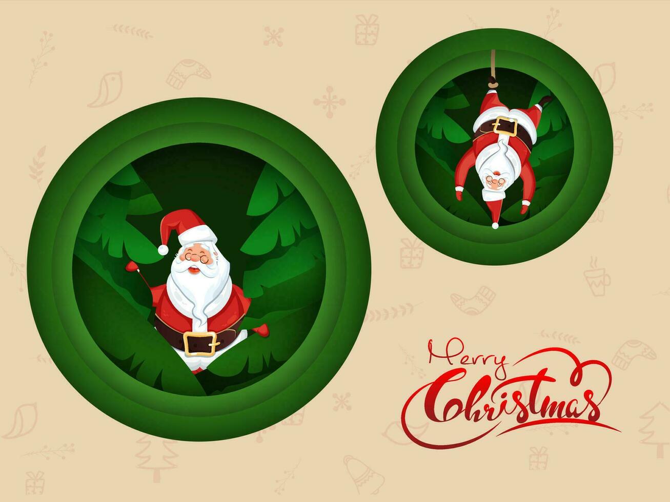 Papa Noel claus con verde hojas en papel cortar circular forma en Navidad festival elementos beige antecedentes para alegre Navidad celebracion. vector
