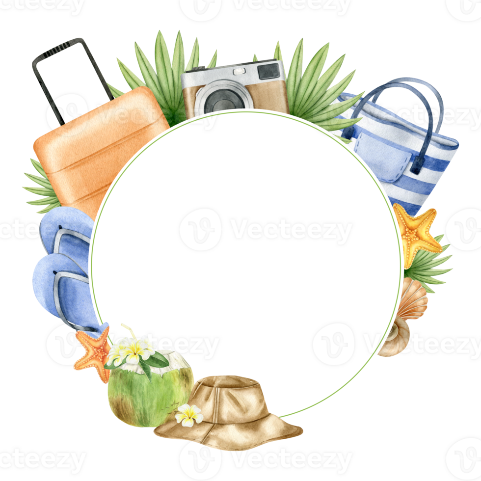 Travel orange suitcase, striped beach bag, panama hat, photo camera, tropical leaves, starfish, coconut. Frame with summer beach accessories and tropical leaves. Watercolor illustration. Isolated. png