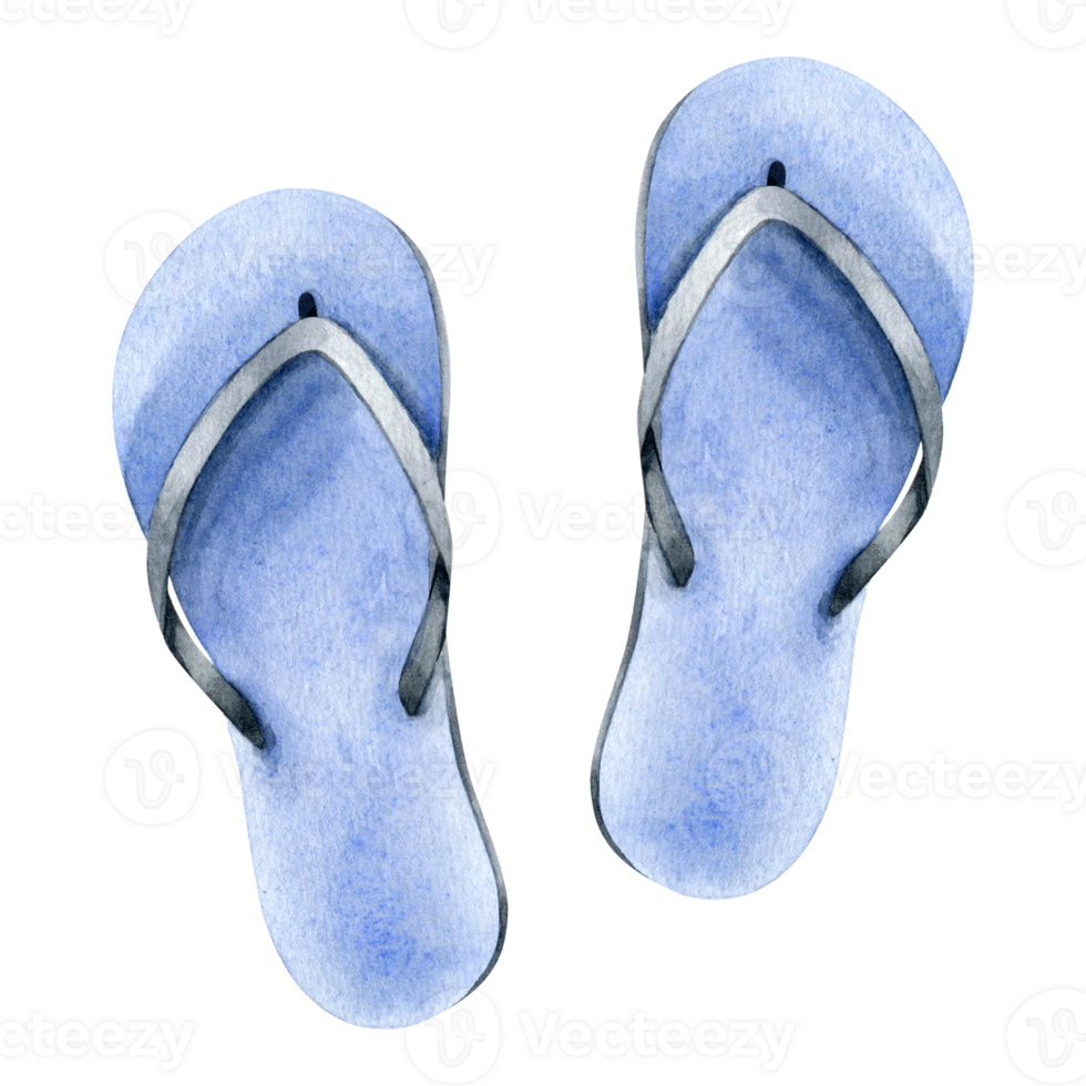 Beach blue summer slippers. Rubber slates. Vacation accessories and clothing style element. Watercolor hand draw illustration. Isolated. png