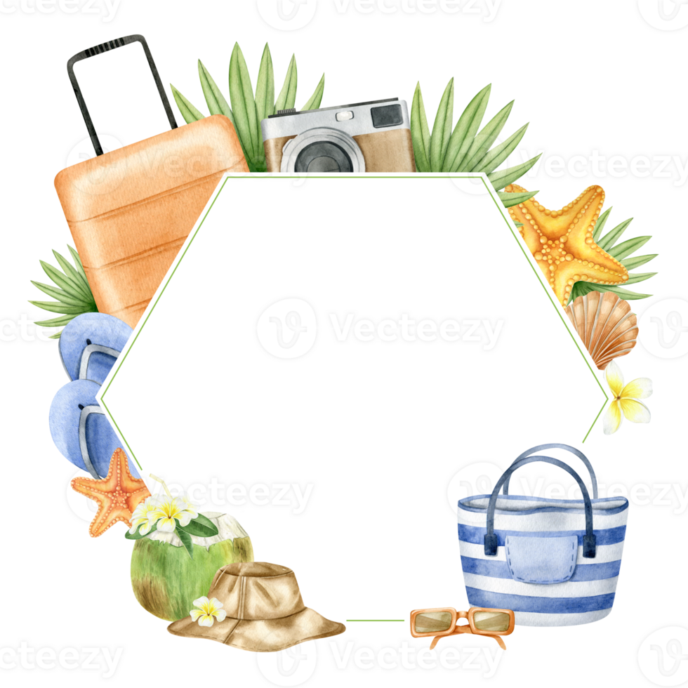 Travel orange suitcase, striped beach bag, panama hat, photo camera, tropical leaves, starfish, coconut. Frame with summer beach accessories and tropical leaves. Watercolor illustration. Isolated. png