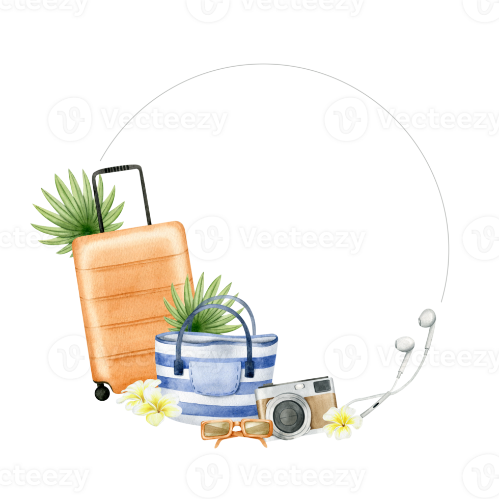 Reise Orange Koffer, gestreift Strand Tasche, Foto Kamera, tropisch Blätter, Sonnenbrille und Headset. runden Rahmen mit Sommer- Strand Zubehör und tropisch Blätter. Aquarell Illustration. isoliert. png