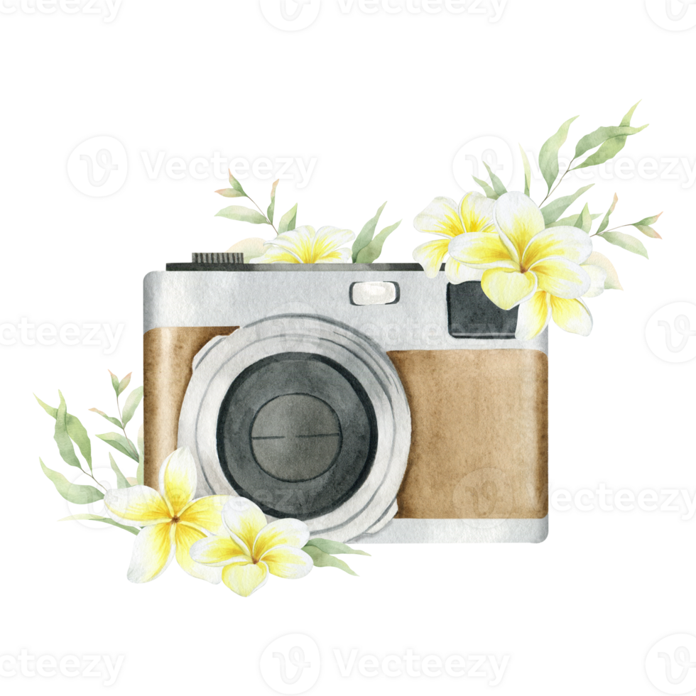 Vintage camera with white flowers and green leaves . Brown photo camera. Watercolor hand drawn illustration. Isolated. For logo, wrapping paper, postcards design png