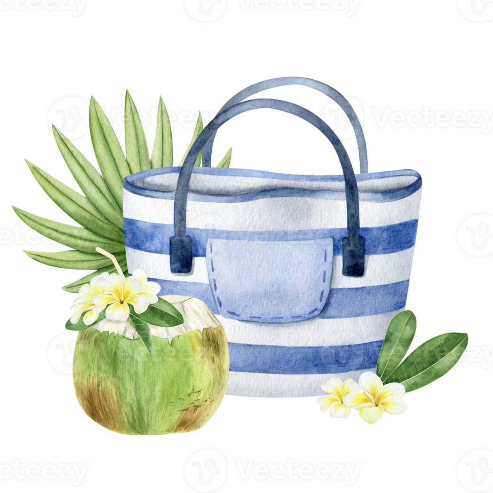 Beach striped bag, coconut cocktail, tropical palm leaves and plumeria flowers. Tourism. Summer vacation. Watercolor illustration. Isolated png