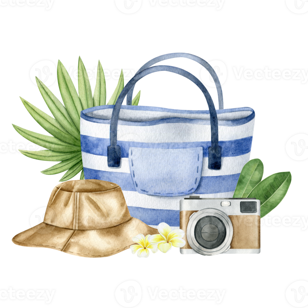 Striped beach bag, panama hat, photo camera, tropical leaves and plumeria flowers. Tourism. Summer vacation. Watercolor illustration. Isolated png