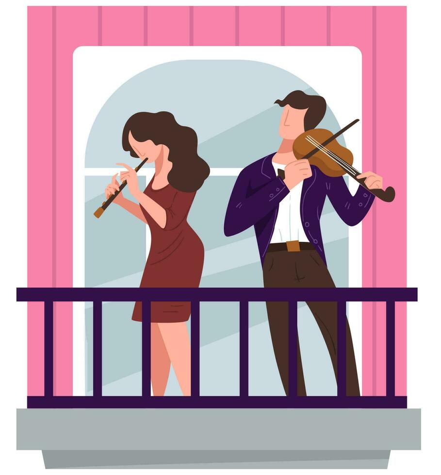 Musicians playing on balcony, violinist and flutist on concert vector
