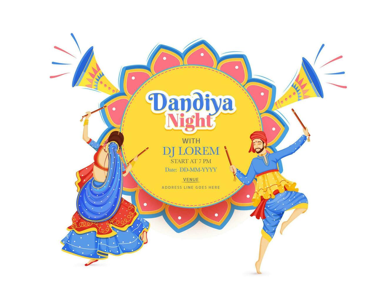Creative Dandiya Night DJ party banner or poster design, illustration of couple dancing with dandiya stick on floral background, date, time and event detail. vector