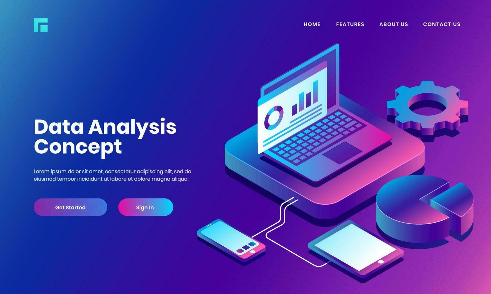 isométrica ordenador portátil servidor conectado con teléfono inteligente, tableta y infografía tarta gráfico para datos análisis y administración sitio web póster o aterrizaje página diseño. vector