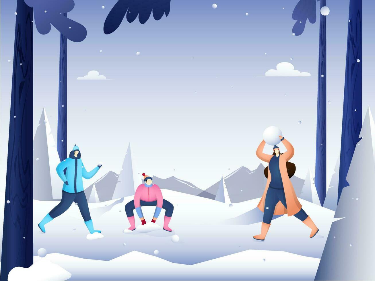 Faceless woman and men characters enjoying winter season on snowy nature landscape background. vector