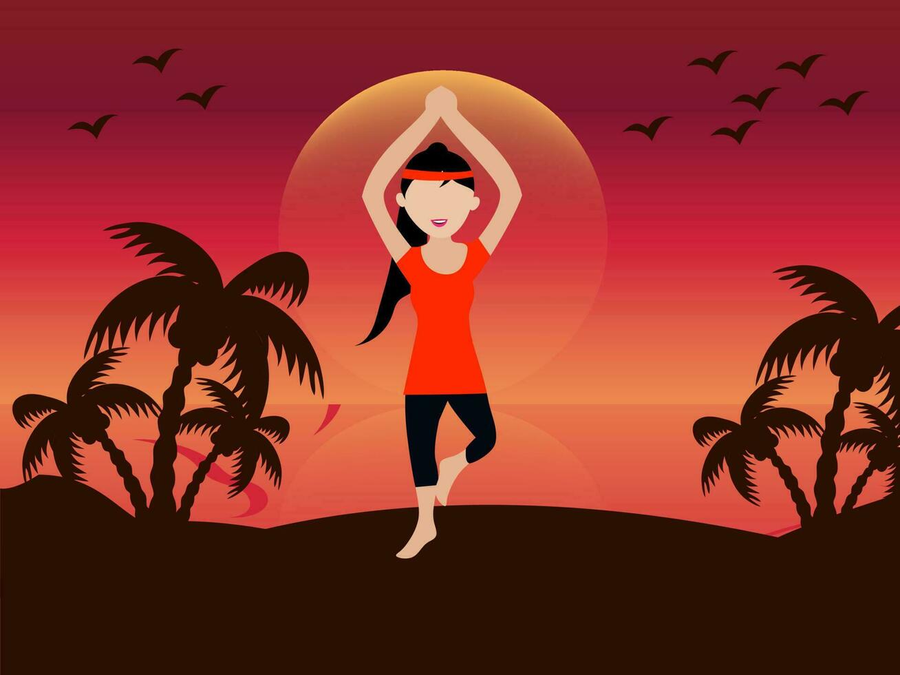 sin rostro joven niña en yoga pose, temprano Mañana antecedentes. vector