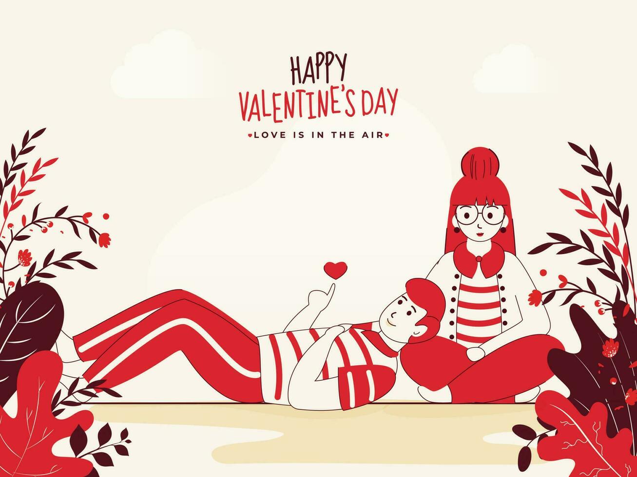 amoroso joven Pareja personaje con naturaleza ver en blanco antecedentes para contento San Valentín día, amor es en el aire. vector