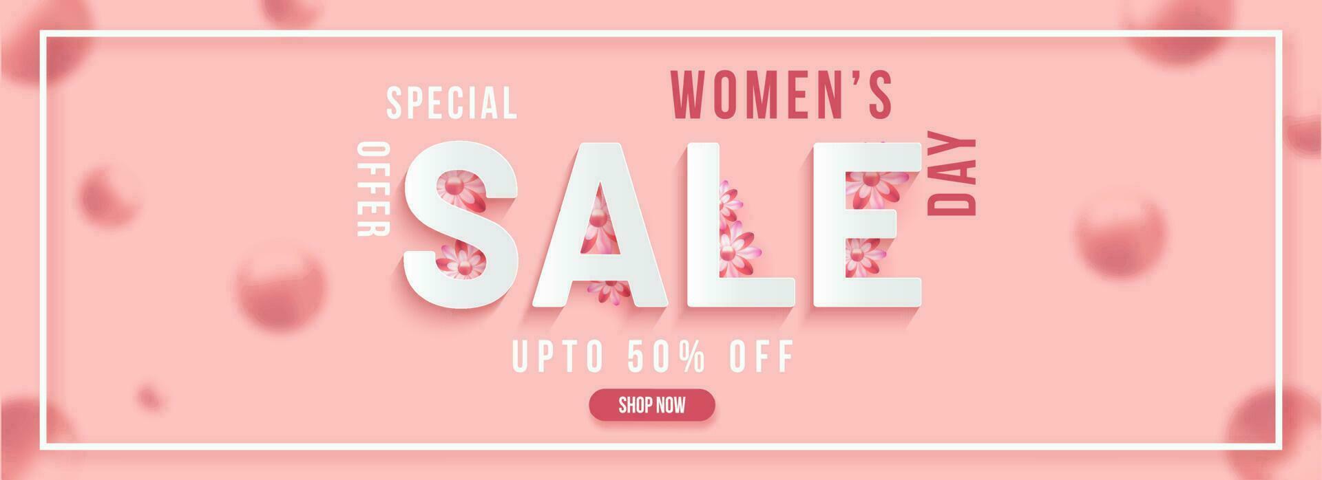 Women's Day Sale header or banner design with discount offer on blurred pink background. vector