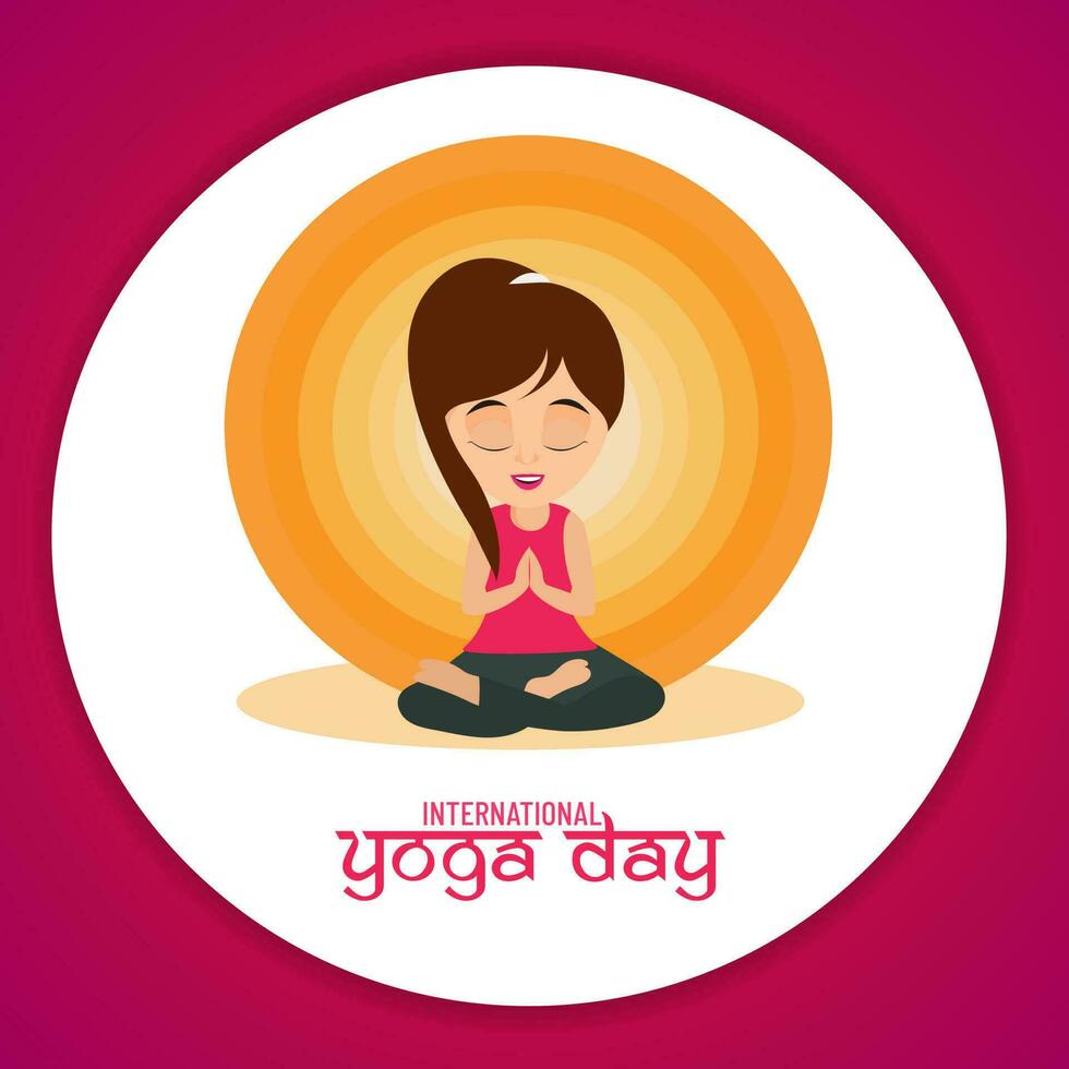 International Yoga Day poster or flyer design, cartoon character of a woman in meditation pose on red background. vector