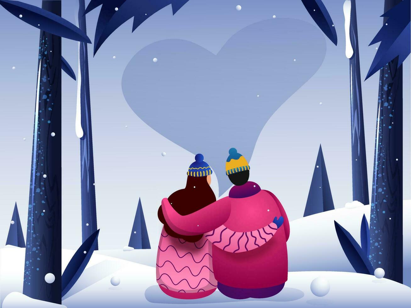 Back view of loving couple character sitting on snow nature view background. Can be used as banner or poster design. vector