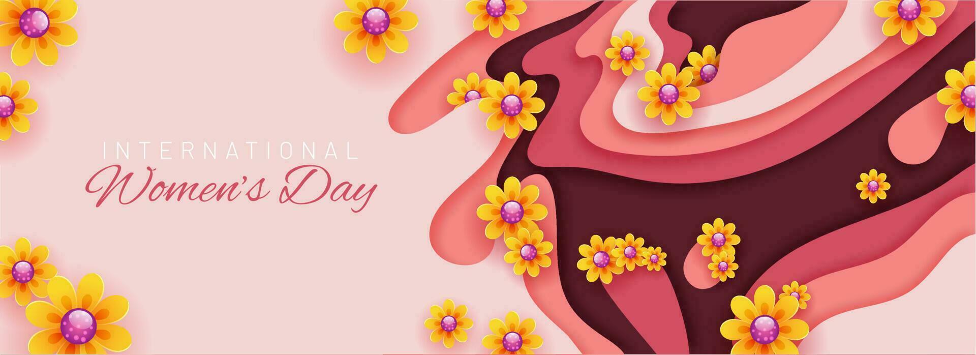 Paper cut style header or banner design decorated with realistic flowers for International Women's Day celebration concept. vector