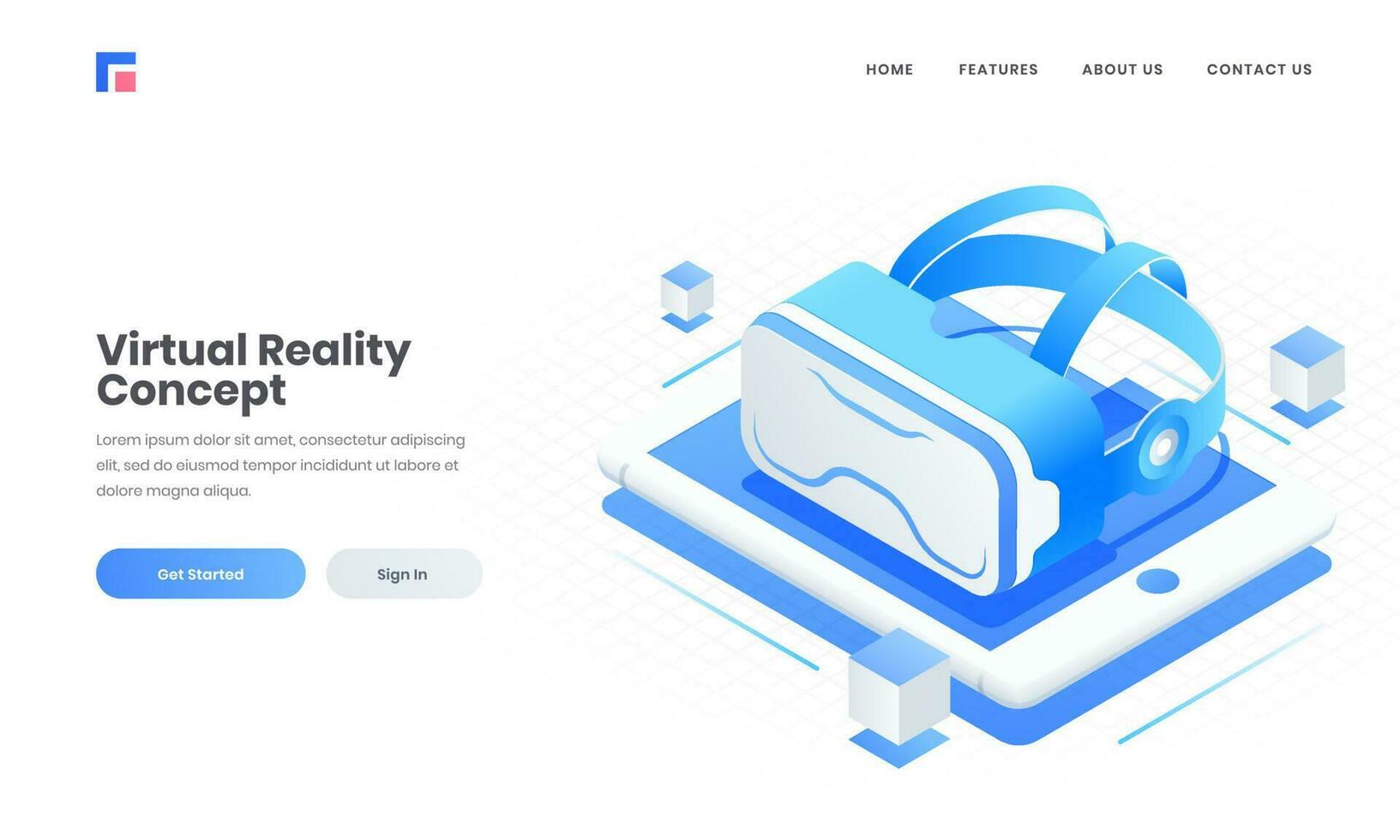 Advertising website poster or landing page design with 3d VR glasses on tablet screen for Virtual reality concept. vector