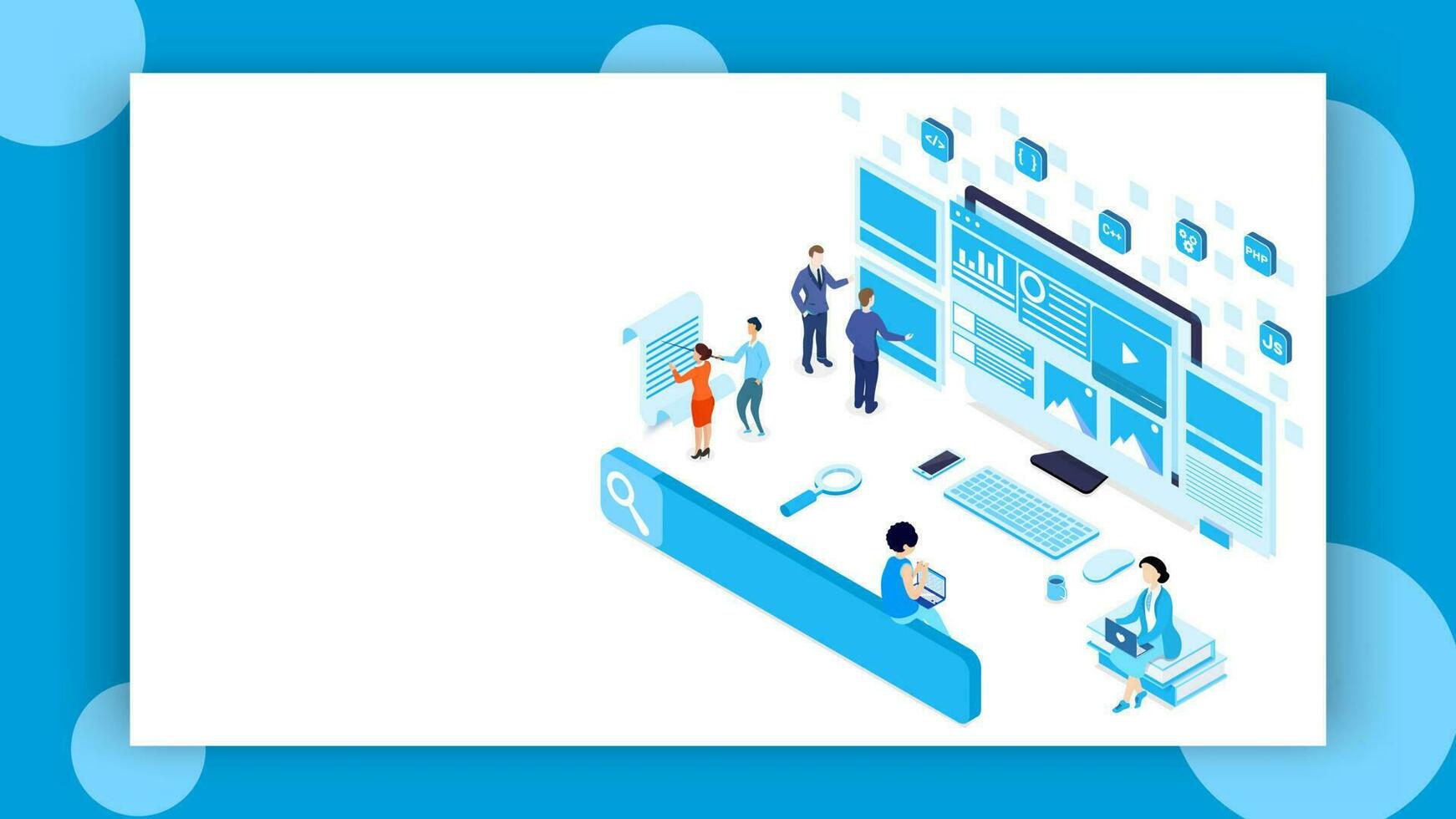 Business people fixing the problem with different programming language signs for Teamwork or Web Development concept based isometric design. vector