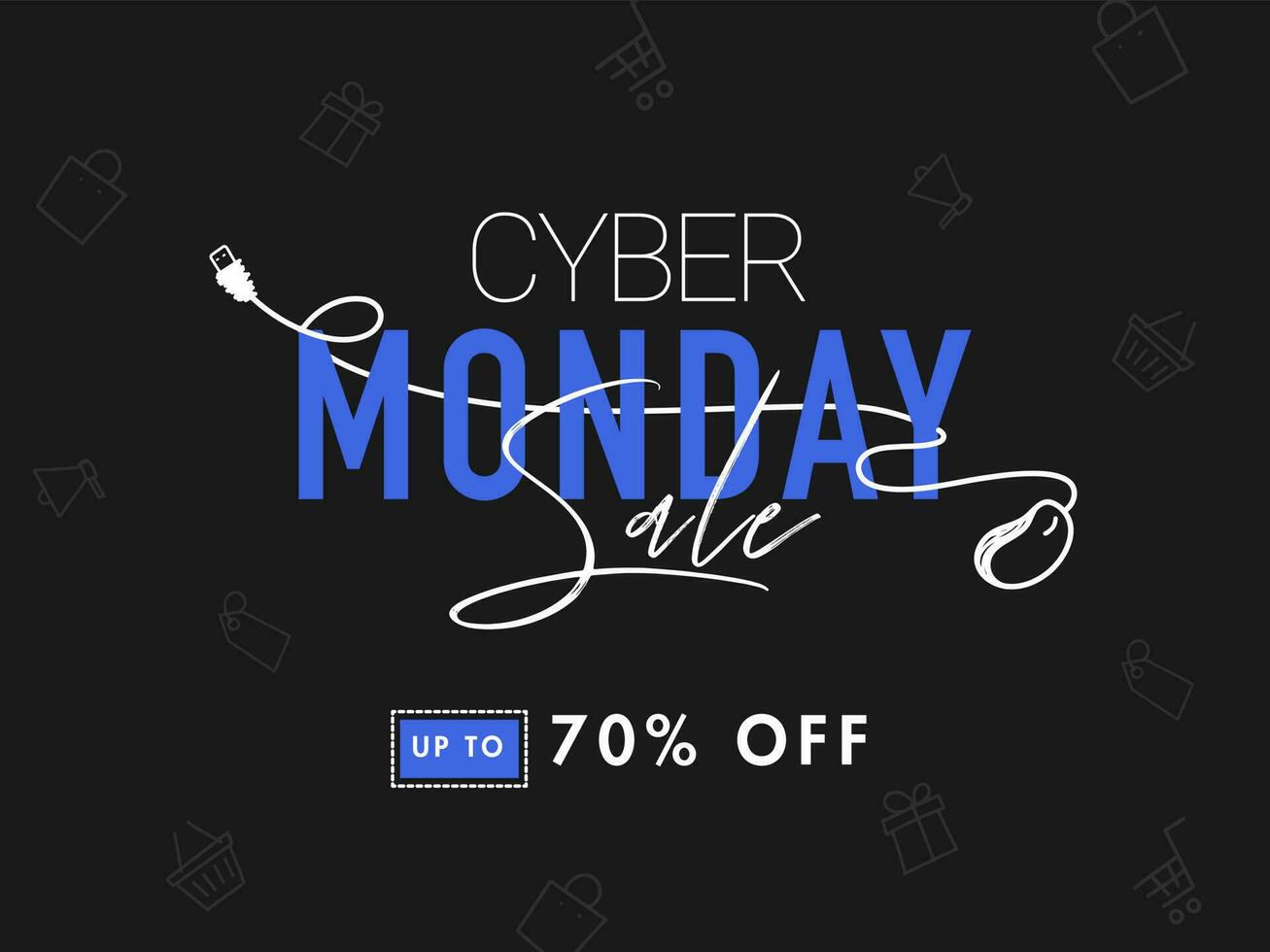 Typography of Cyber Monday with wired mouse and discount offer on black shopping pattern background for Sale. vector