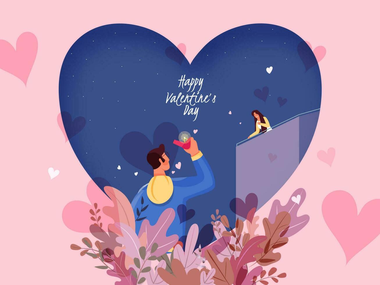 Beautiful Night Nature View Background with Young Man Proposing to Woman Standing on Her Home Roof for Happy Valentine's Day Celebration. vector