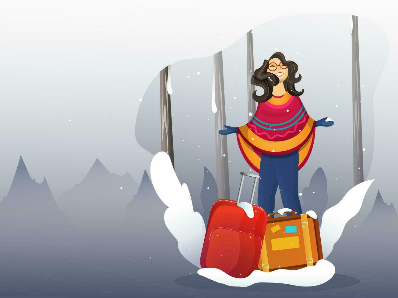 Young tourist girl enjoying snowfall with luggage bag on nature landscape background for Hello Winter. vector