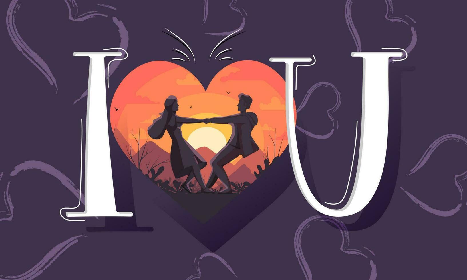 I Love U Text with Couple Dancing in Paper Cut Nature Heart Shape on Purple Background. vector