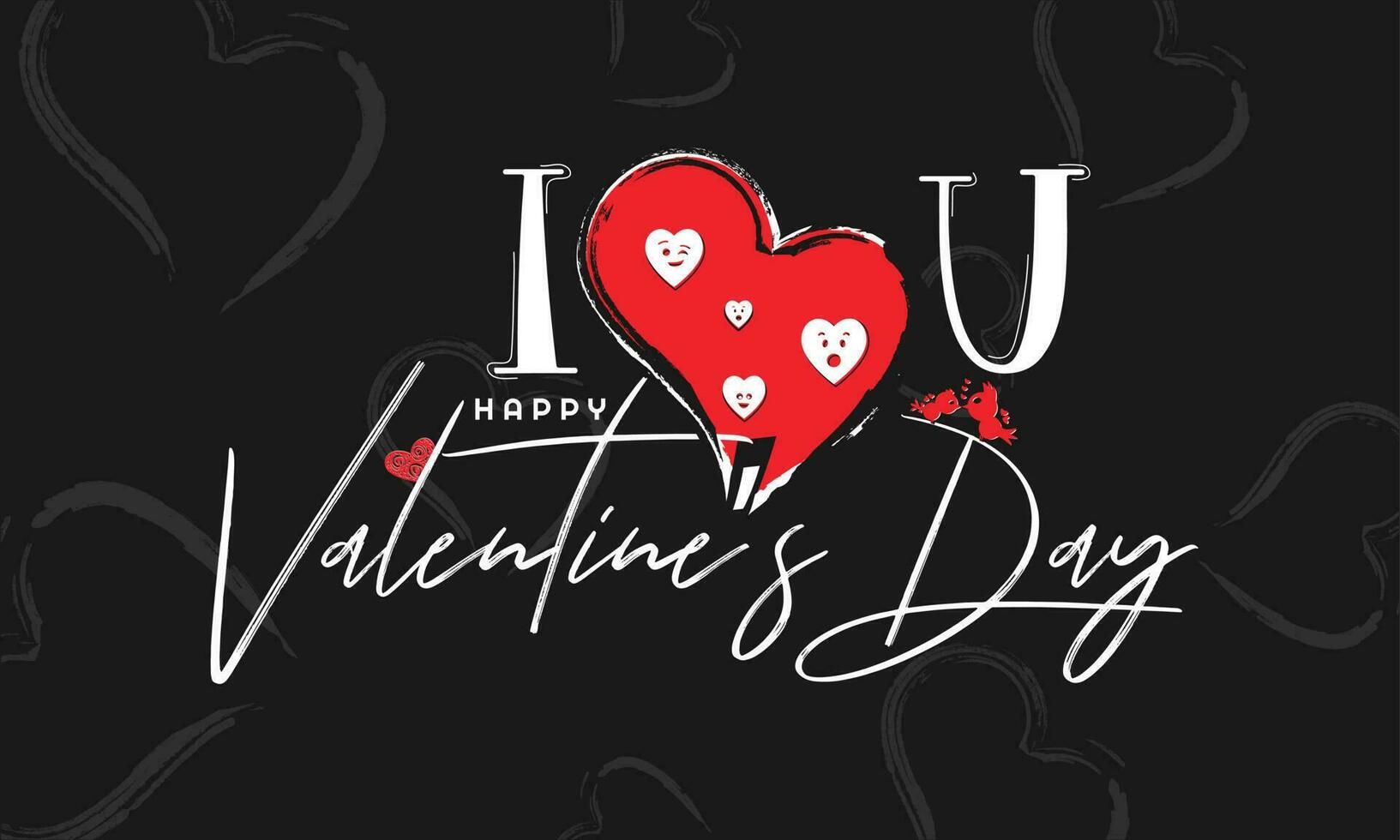 Creative I Love U with Brush Stroke Effect Hearts Expression, Happy Valentine's Day Text on Black Background. vector