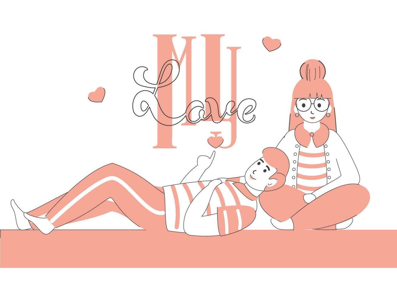 Young Girl with Boy Lying Down Hand Showing to My Love Text on White Background. vector