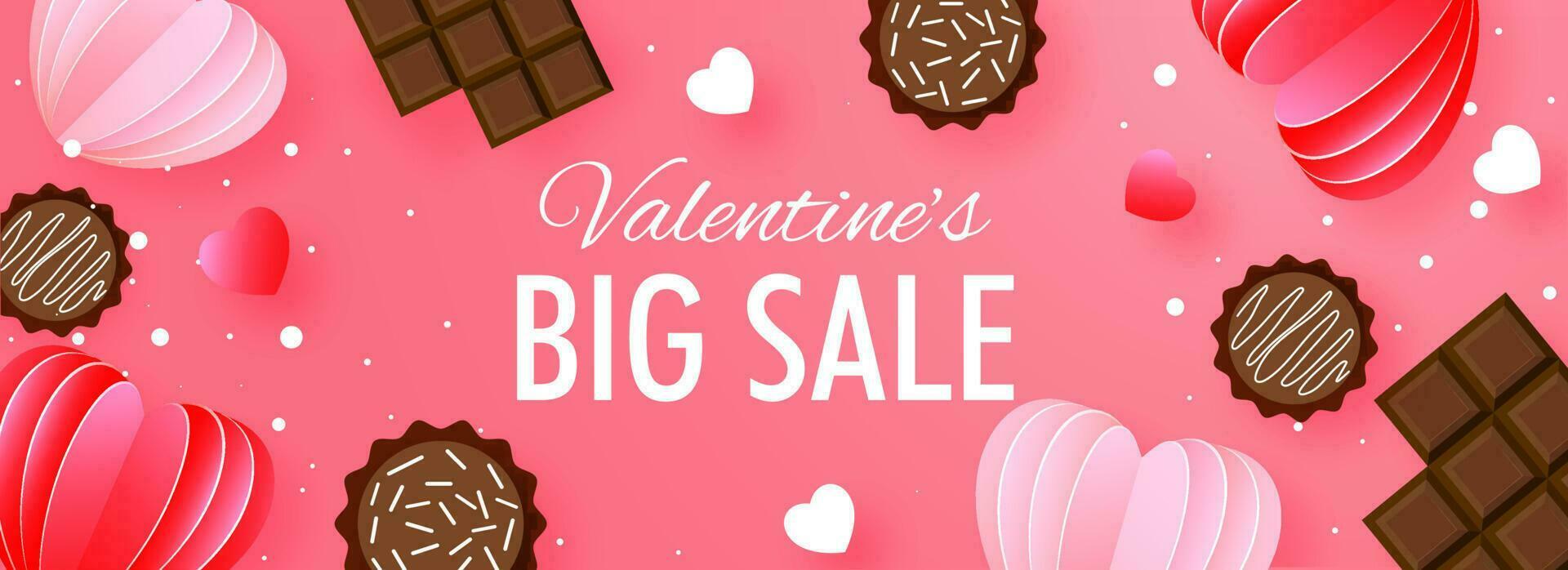 Big Sale Header or Banner Design with Chocolate and Paper Cut Hearts Decorated on Pink Background for Valentine's Day. vector
