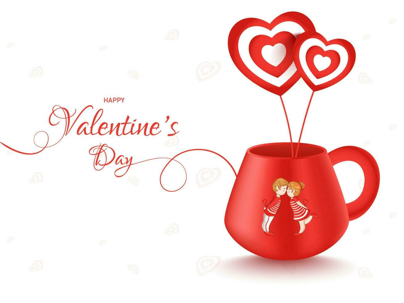 Heart Shaped Lollipop in Red Cup Printed from Loving Couple Cartoon on White Background for Happy Valentine's Day Celebration. vector