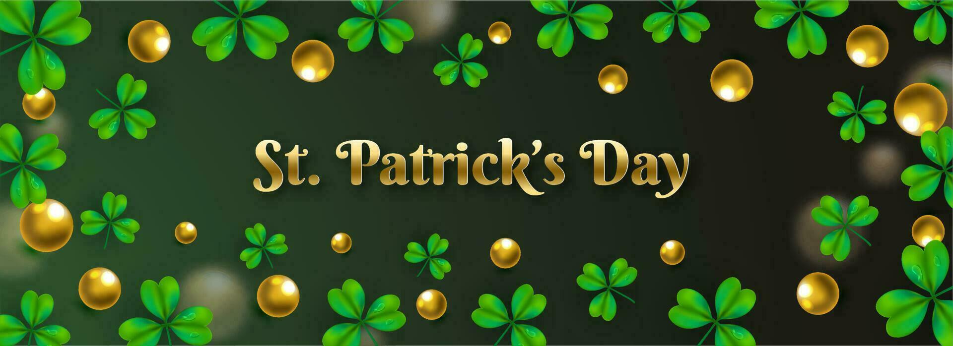 S t. patrick's día encabezamiento o bandera diseño decorado con trébol hojas y dorado perlas en verde antecedentes. vector