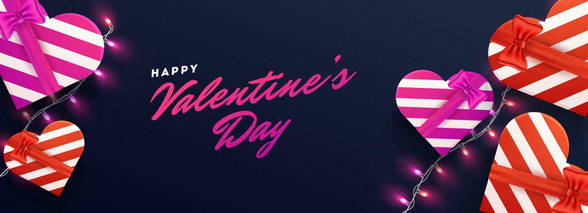 Happy valentine's day banner with gift boxes in heart shape on blue background. vector