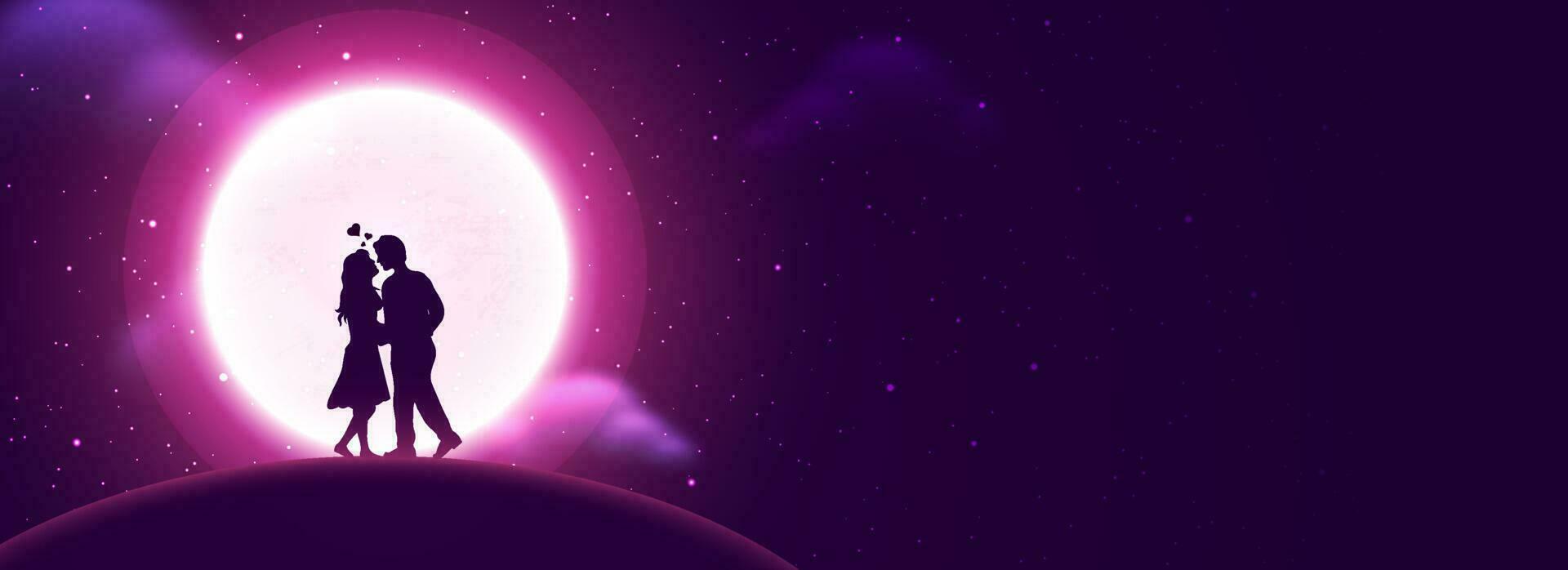 Young couple in love on cloudy full moon night background, website header or banner design for Valentine Day celebration. vector
